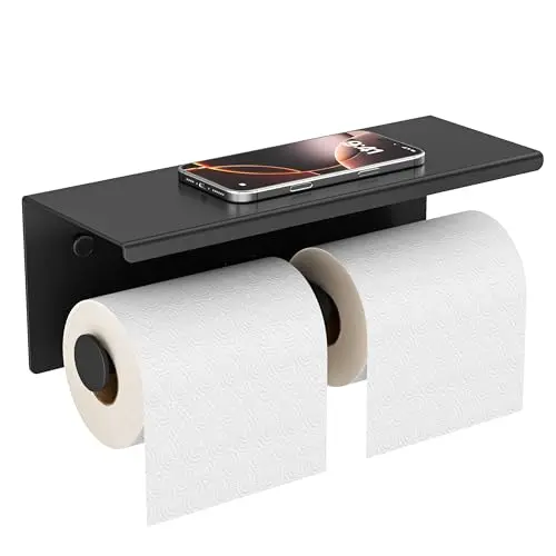 FORIOUS double toilet paper holder with phone shelf in matte black stainless steel