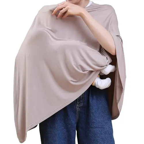 Seejoy rayon nursing poncho in Warm Taupe draped over a shoulder