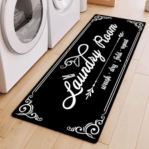 Black laundry room runner rug with printed text