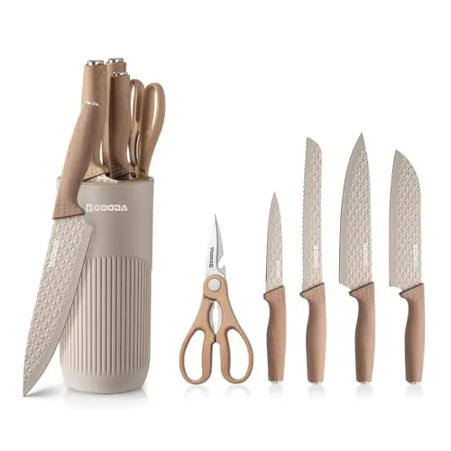 GOODA 6-piece khaki knife set with a block and non-stick blades