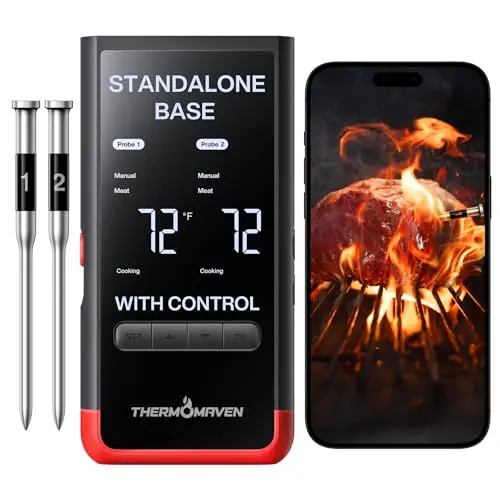 ThermoMaven P2 wireless meat thermometer with red base and two probes