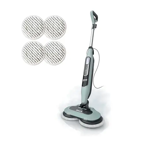 Shark Steam & Scrub mop with rotating pads cleaning a tile and wood floor