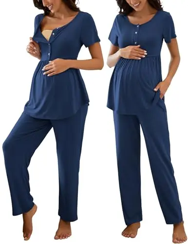 JiniGolla blue maternity nursing pajama set with a button-down top and elastic waist pants.