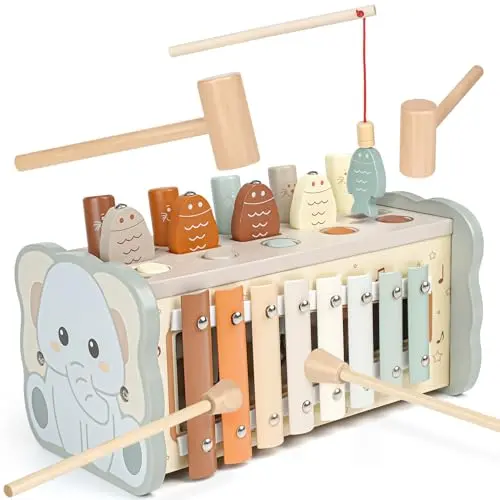 Joyreal multifunctional wooden toddler toy with hammering bench, xylophone, and fishing game
