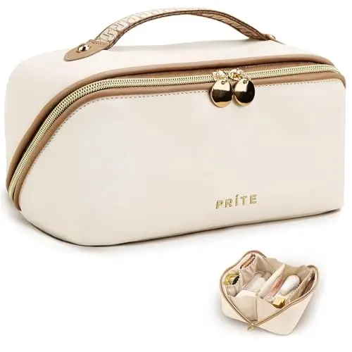 PRITE waterproof vegan leather makeup bag that opens flat with clear center divider