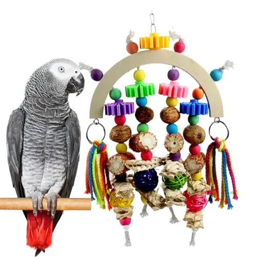 KEWKONT bird chew toy made from natural corn cobs, rattan balls, and wooden mango shapes