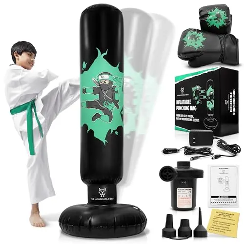 THB green ninja themed inflatable punching bag for kids with electric pump