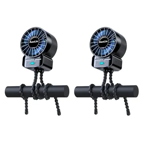 Two AaoLin mini stroller fans with flexible tripods, shown clipped on a stroller and a car seat.