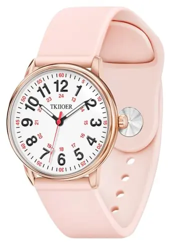 TKIIOER nurse watch with luminous easy-read dial and red second hand on a pink silicone band