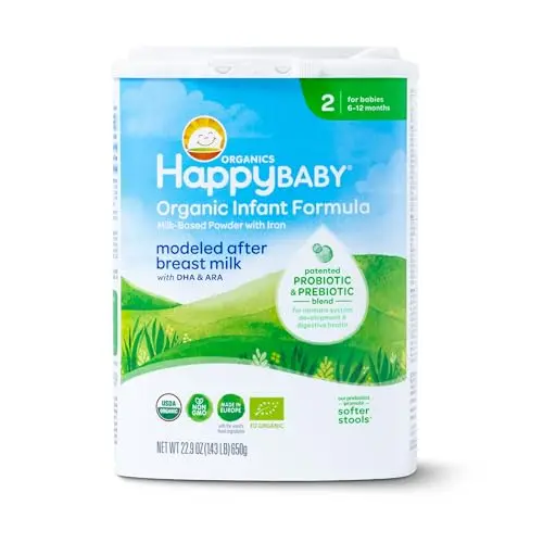 Happy Baby Organics Stage 2 Infant Formula powder container for 6-12 months