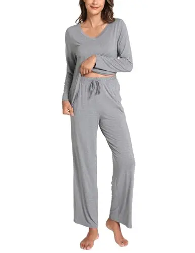 GYS women's long sleeve bamboo viscose pajama set with raglan sleeves and floral print in Heather Grey
