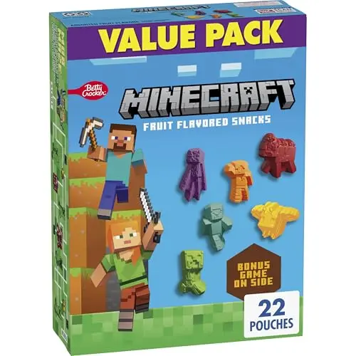 Box of Minecraft Creeper and character-shaped fruit snacks