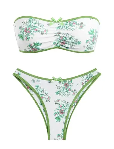 Zaful women's strapless bikini with lace trim and tiny flower print in light green