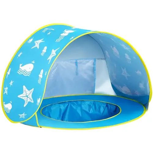 Monobeach blue ocean-themed pop up baby beach tent with small pool base
