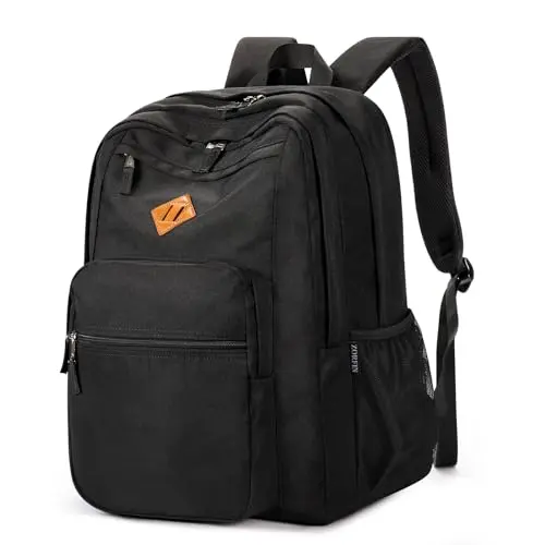 ZORFIN 26L black backpack, showcasing water-resistant material and multiple zippered pockets