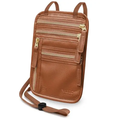 HERO Vegan Leather Neck Wallet in Tan color with RFID blocking