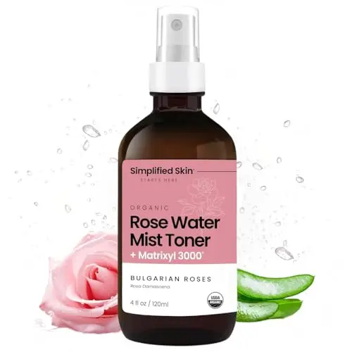 Simplified Skin Rose Water Spray with Matrixyl 3000, Aloe Vera, and Hyaluronic Acid in a glass bottle