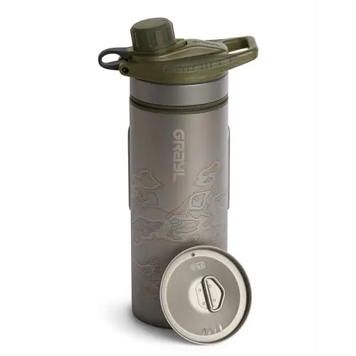 GRAYL GeoPress Titanium 24oz water purifier bottle with cook lid in olive drab