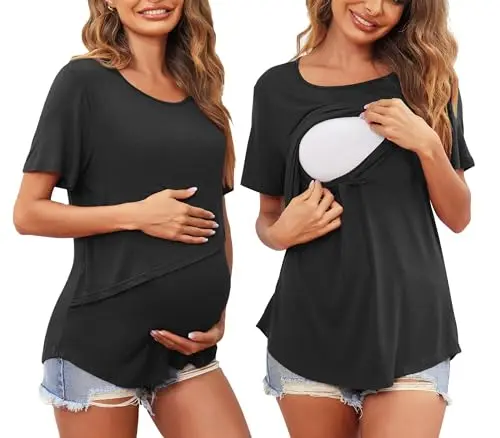 Ekouaer soft black nursing shirt with double layer design for breastfeeding