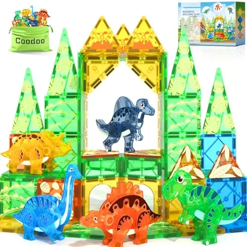 Colorful magnetic building tiles shaped like dinosaurs with movable limbs