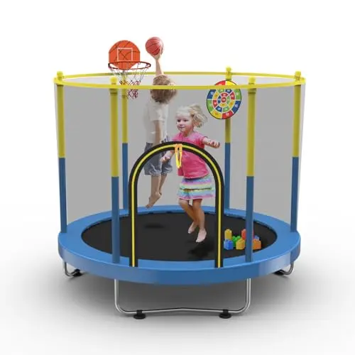 72 inch kids trampoline with safety enclosure net, basketball hoop, and dart board