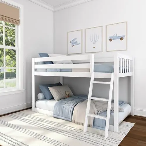Max & Lily white low-profile twin bunk bed with a minimalist design and tall guardrails.