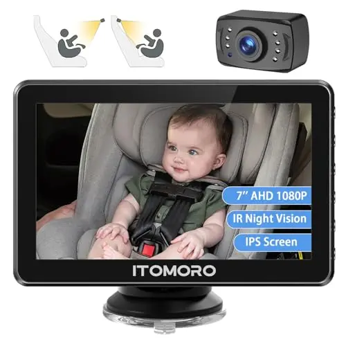 Itomoro 7-inch HD baby car camera with a rotating lens mounted on a headrest.