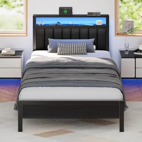 Furnulem twin platform bed with upholstered headboard, LED lights, and charging