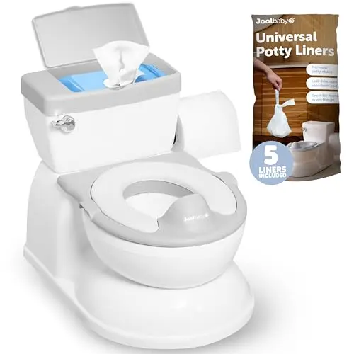 Jool Baby Real Feel 2-in-1 Potty in gray, highlighting its cushioned seat and storage compartment.