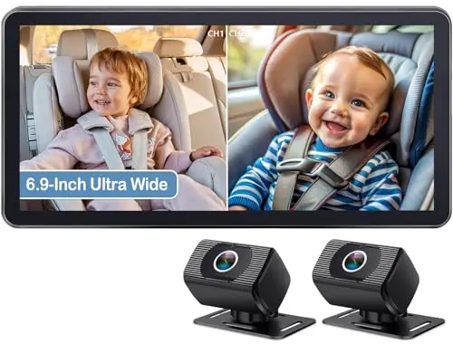 Yakry 6.9-inch ultrawide baby car camera monitor showing two camera feeds side-by-side.