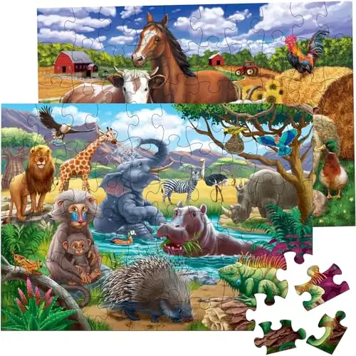RANSUNN two puzzle set showing farm animals and wild animals in natural settings