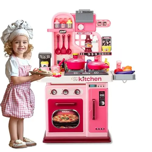 Compact pink kids kitchen playset with stove, sink, and many toy food accessories