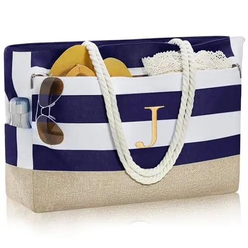 YOOLIFE Large Blue Personalized Initial Beach Bag for gifts