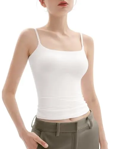 Pumiey Square Neck Spaghetti Straps tank top in white, featuring adjustable straps and a sleek square neckline