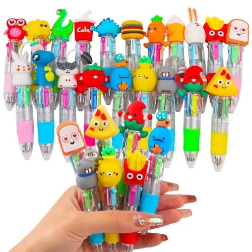 20 mini multicolor pens with cute animal and food designs on the barrels