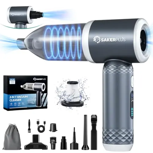 SakerPlus cordless handheld vacuum cleaner in grey and silver with storage bag