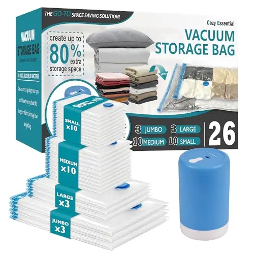 Cozy Essential transparent vacuum storage bags in multiple sizes with a cordless electric pump