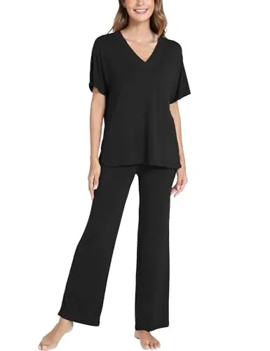 GYS women's cooling bamboo viscose short sleeve pajama set with V-neck in Black