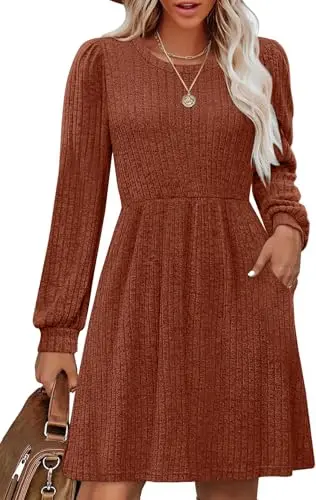 OFEEFAN women's knit sweater dress with balloon sleeves and pockets