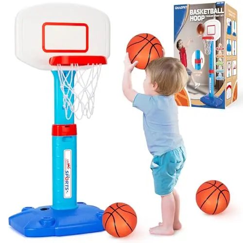 Blue adjustable toddler basketball hoop with weighted base and soft balls