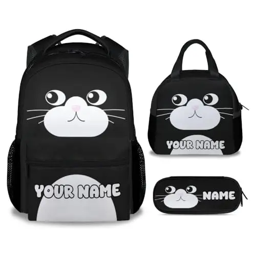 UNIKITTY Cat-themed personalized backpack set with lunch box and adjustable straps