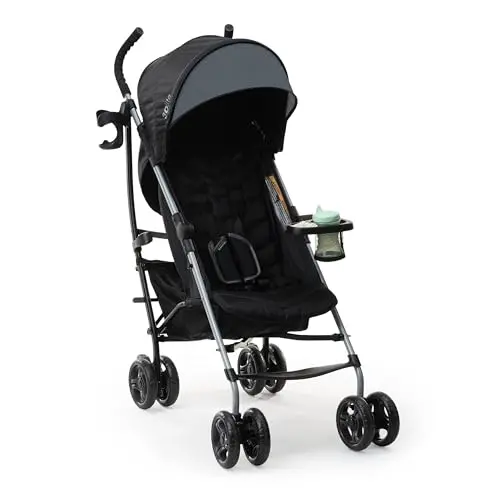 Summer Infant 3Dlite stroller in dark gray, showing its large canopy, snack tray, and storage basket.