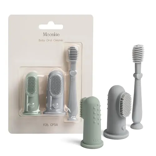 Moonkie Baby Finger Toothbrush Kit with two finger toothbrushes and a tongue cleaner