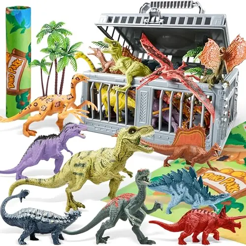 Set of 19 realistic dinosaur figures with a play mat and a storage cage container