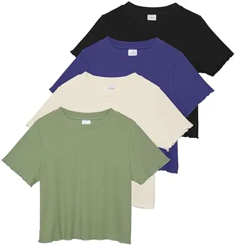 Real Essentials women's lettuce trim ribbed knit crop top in solid colors
