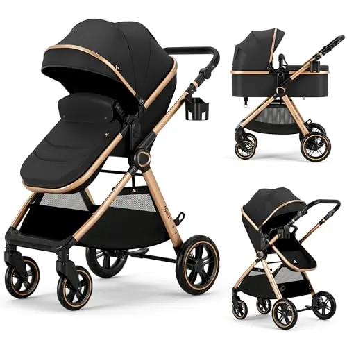 Accombe 2-in-1 stroller in gold, shown as a bassinet and as a seat