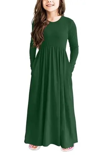 Storeofbaby girls green long sleeve maxi dress with side pockets