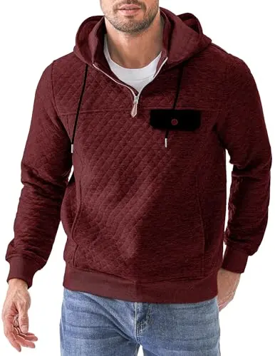JMIERR Quilted Hoodie in burgundy color with quilted pattern and zipper collar