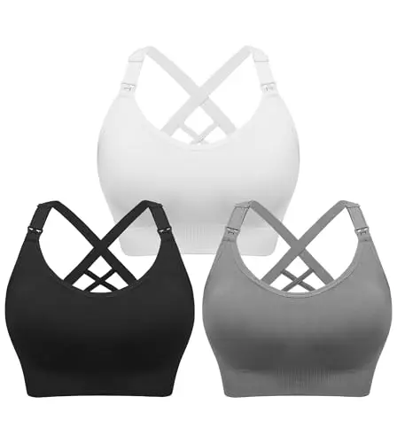 Angelhood 3-Pack Seamless Nursing Sports Bras in Black, Grey, and White