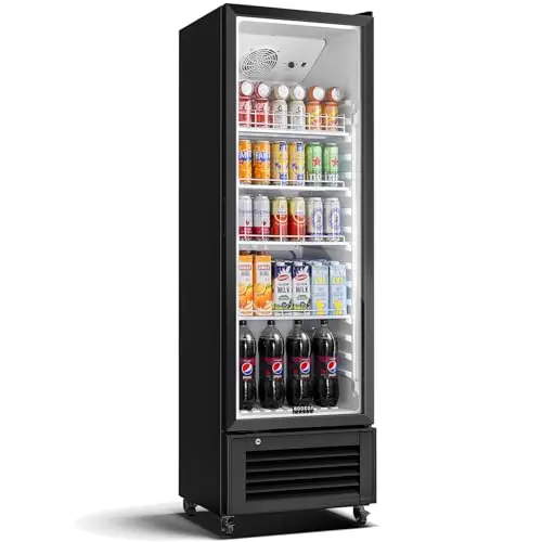 BODEGA single-door commercial beverage refrigerator in black with adjustable shelves.